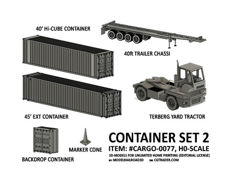 3D-model set for home print 40' High Cube and 45' extended containers, yard tractor and 40' skeleton trailer