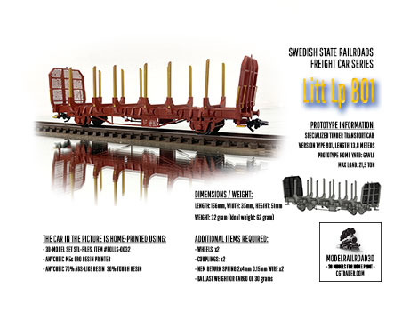 3D-model for home-print in h0-scale of Swedish State Railways SJ Litt Lp801 for timber transport