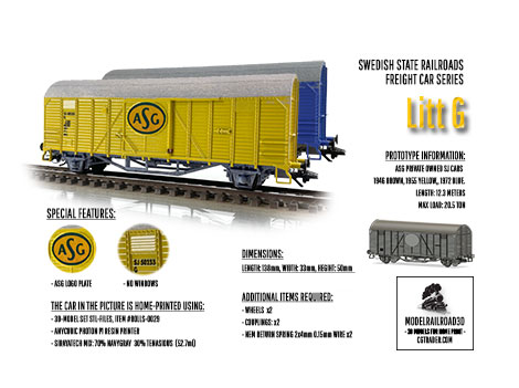 3D-model for home-print in h0-scale of SJ Litt G type boxcar in private service for ASG